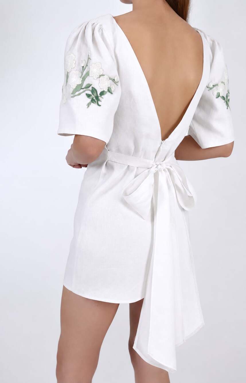 FANM MON Gokcen Dress White Floral Embroidered short Sleeve Mini Dress S v back